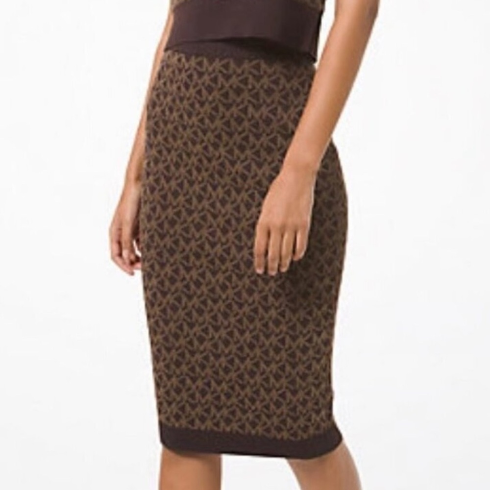 MICHAEL KORS Brown Logo Knit Pencil Skirt